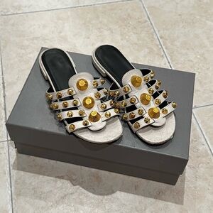Balenciaga White Leather Giant Gold Stud Sandals Size 37.5